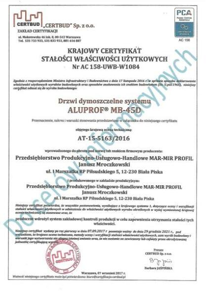 Certyfikat ALUPROF MB-45D