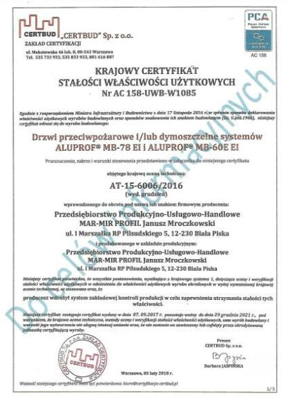 Certyfikat ALUPROF MB-78 EI